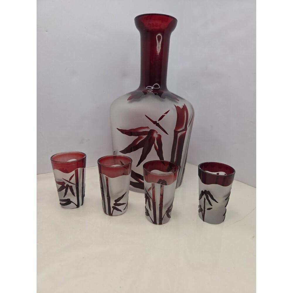 MCM Noritake Japanese Ruby Red Flash Glass Bamboo Sake Shot Set 5pc No Stopper